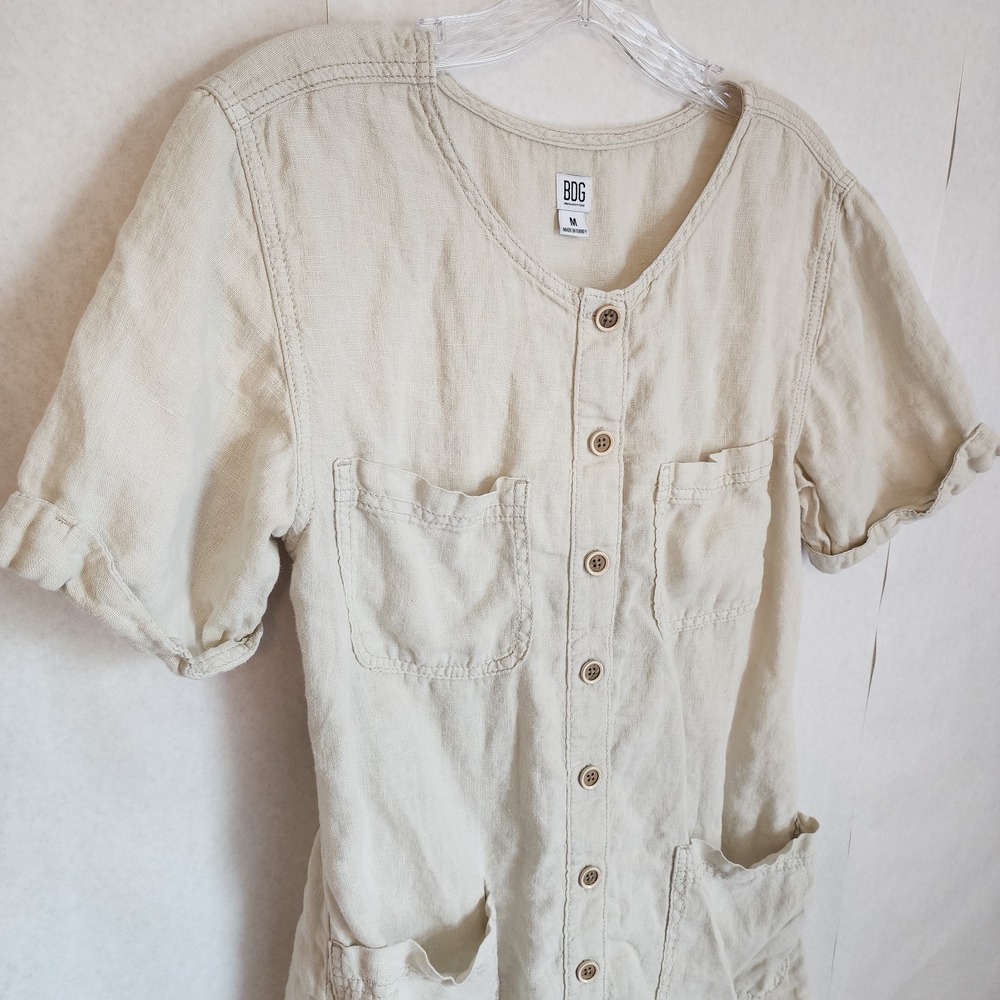100% Linen Short Sleeve Safari Button Down Dress‎ by BDG Beige Cargo Utility M